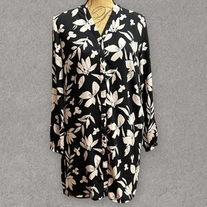 a new day Cream and Black Floral Full Button Front Shirt Dress Double Pockets XS
